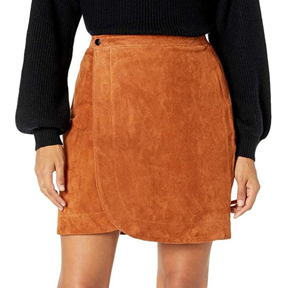 NEW BlankNYC Real Genuine Suede Leather Wrap Mini Skirt Sweater Weather Camel 29 - Picture 2 of 7
